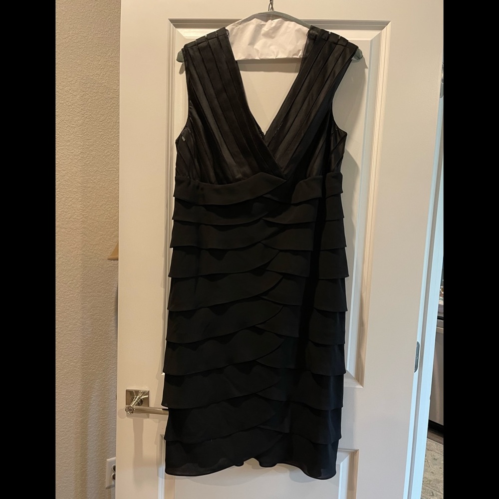 Black Satin V-Neck knee length with sheer scalloped layered dress